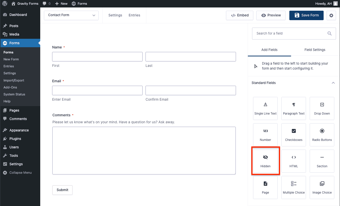 The Hidden field type in the Add Fields panel
