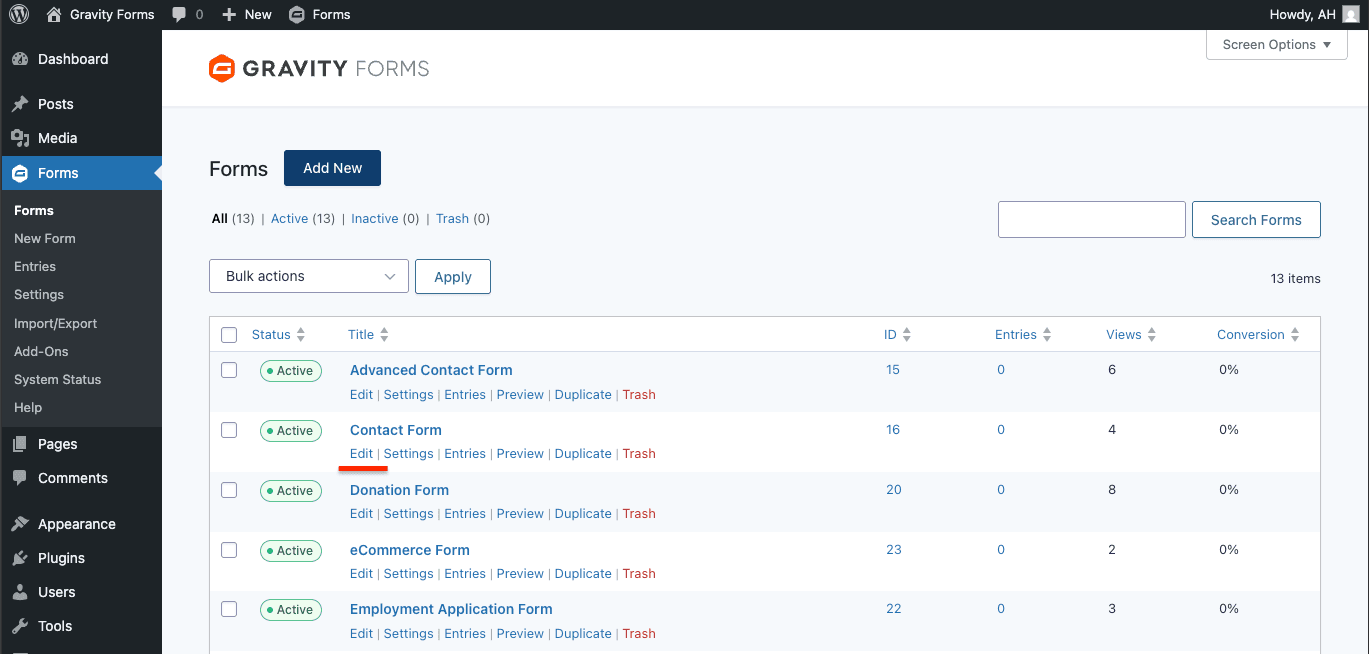 Gravity Forms list in WordPress admin