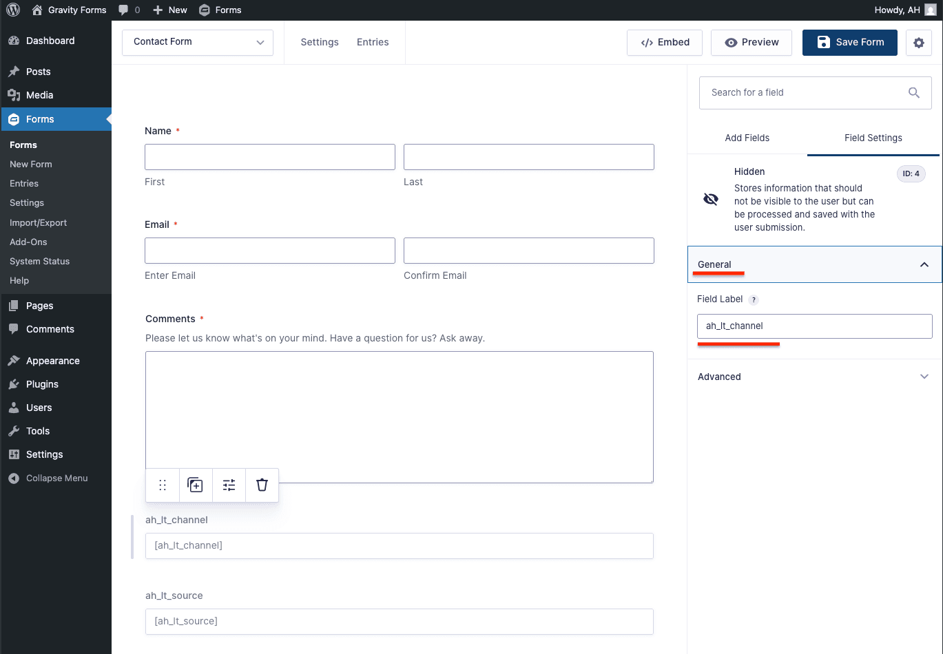 The General tab with the Field Label setting