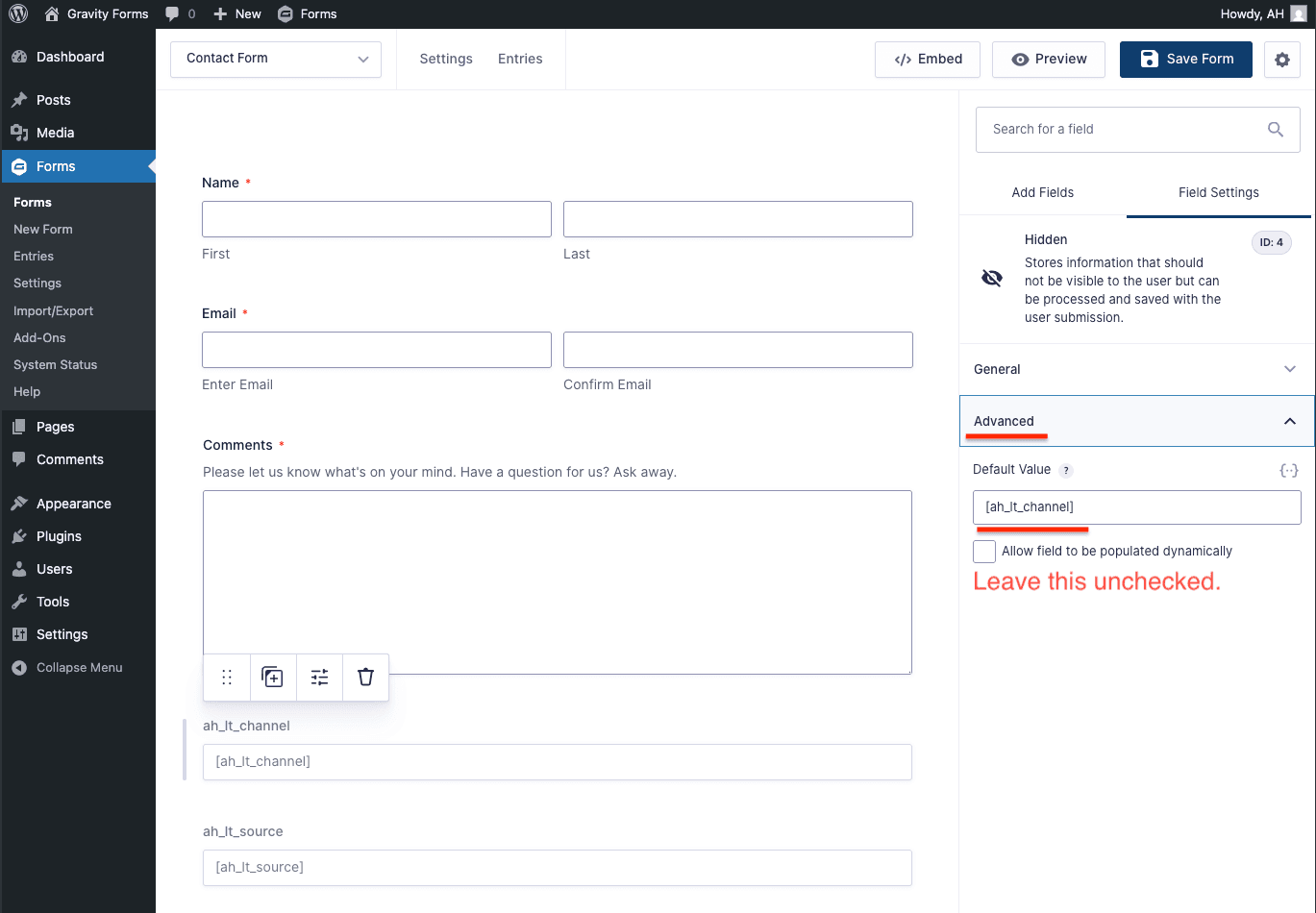 The Advanced tab with the Default Value field