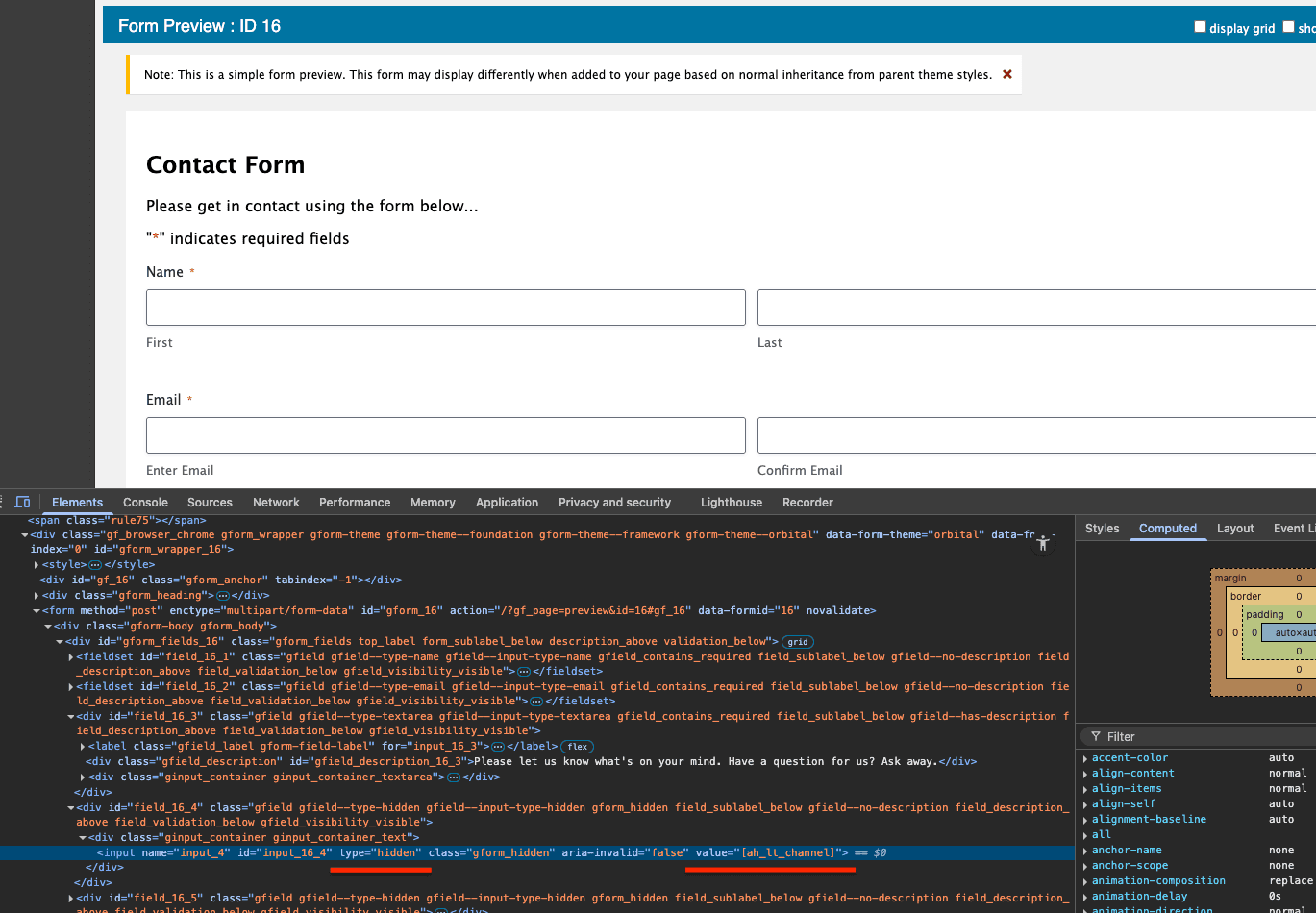 DevTools showing hidden input fields populated with attribution values