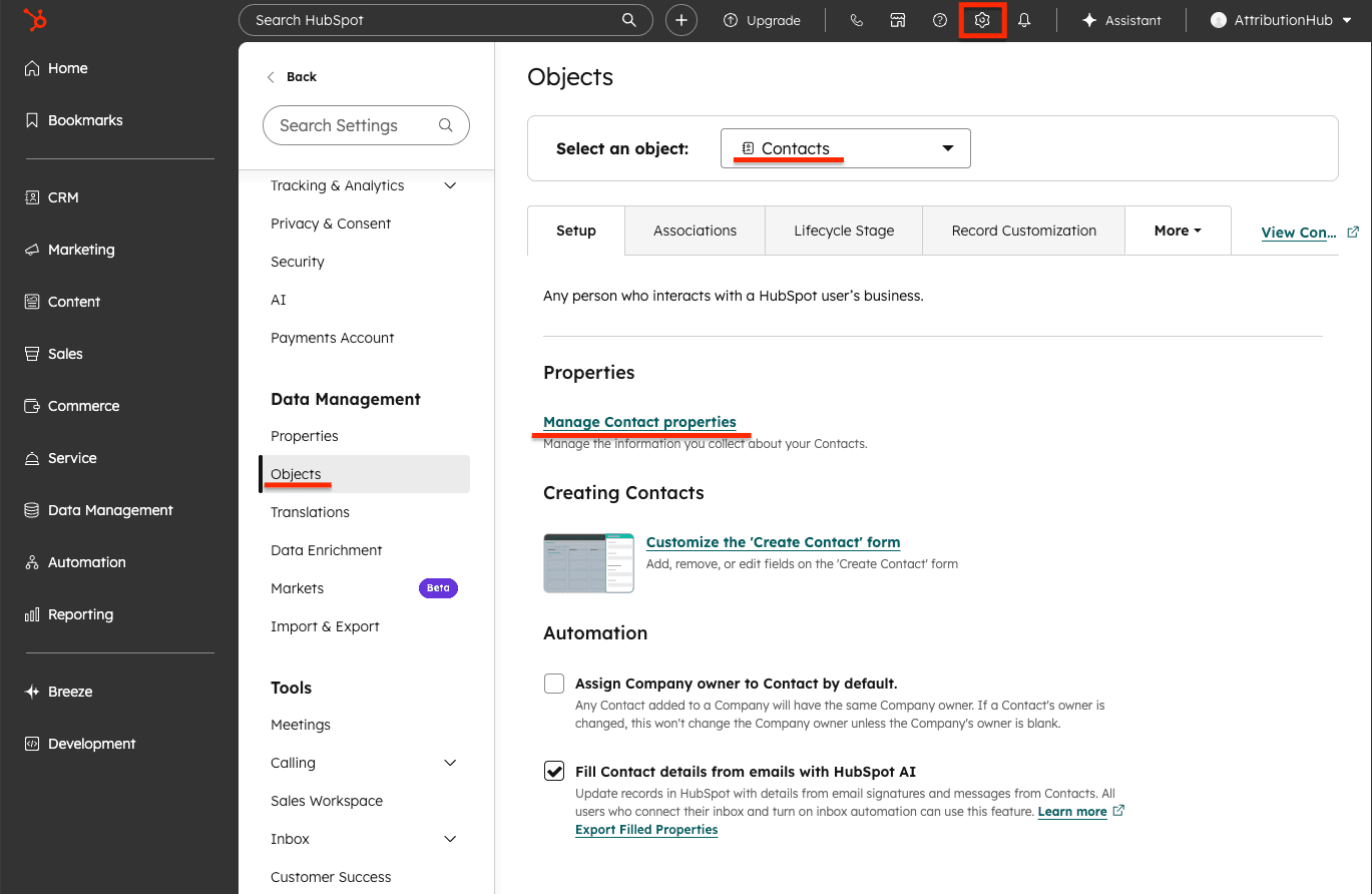 HubSpot Settings showing Data Management and the Manage Contact properties link