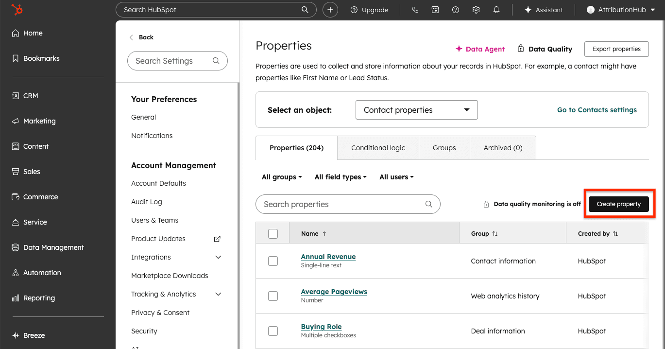 HubSpot Properties page with the Create property button highlighted