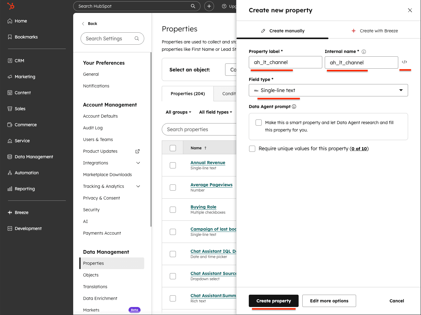 Create new property dialog with ah_lt_channel as the label and internal name, and Single-line text as the field type