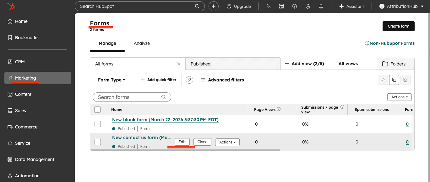 HubSpot Forms list with the Edit button highlighted on a form