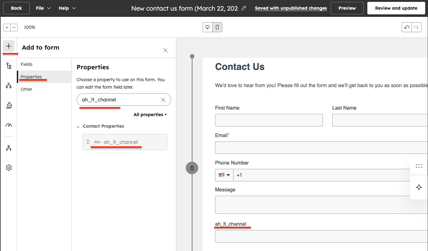 Form editor Add to form panel, searching for ah_lt_channel and showing it under Contact Properties