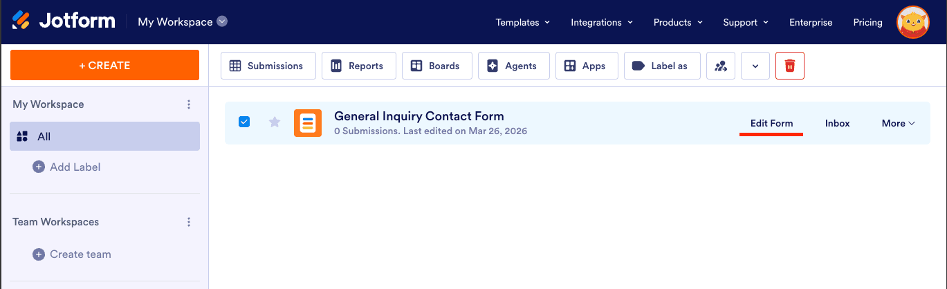 Jotform My Workspace showing a form with the Edit Form link highlighted