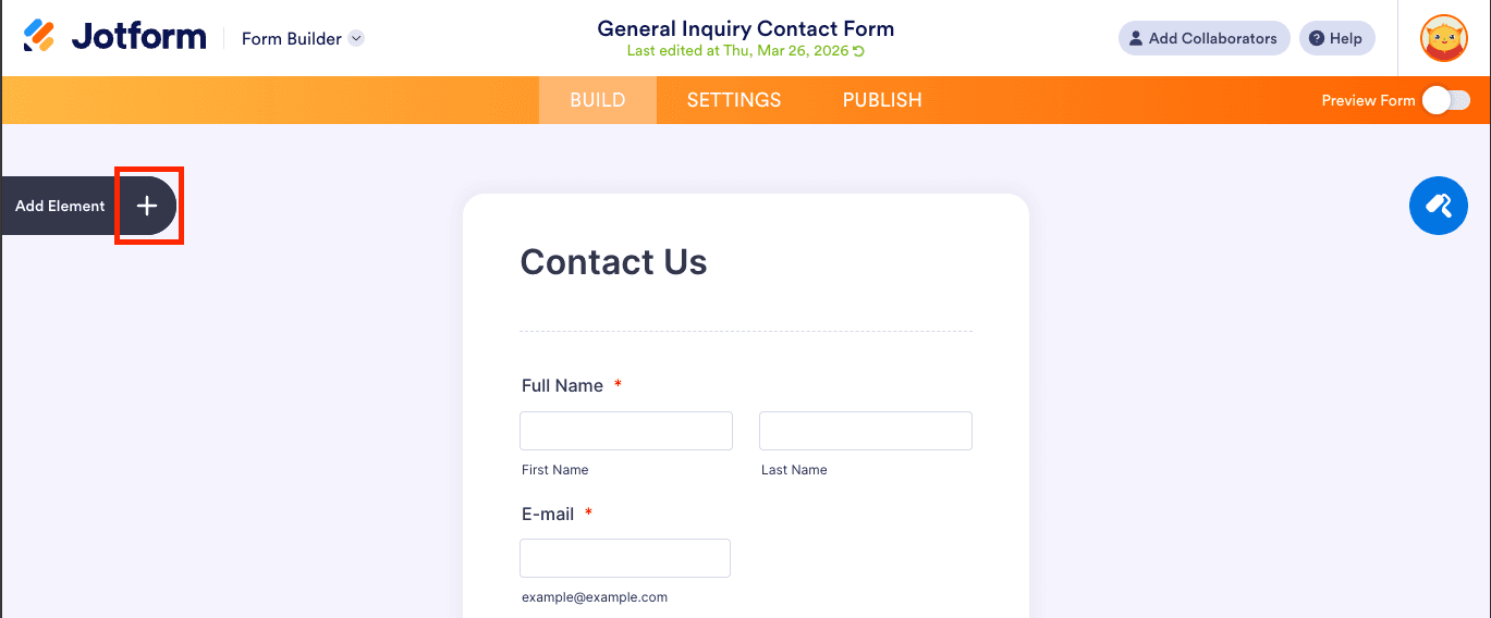 Jotform form builder showing the Contact Us form with the Add Element button highlighted