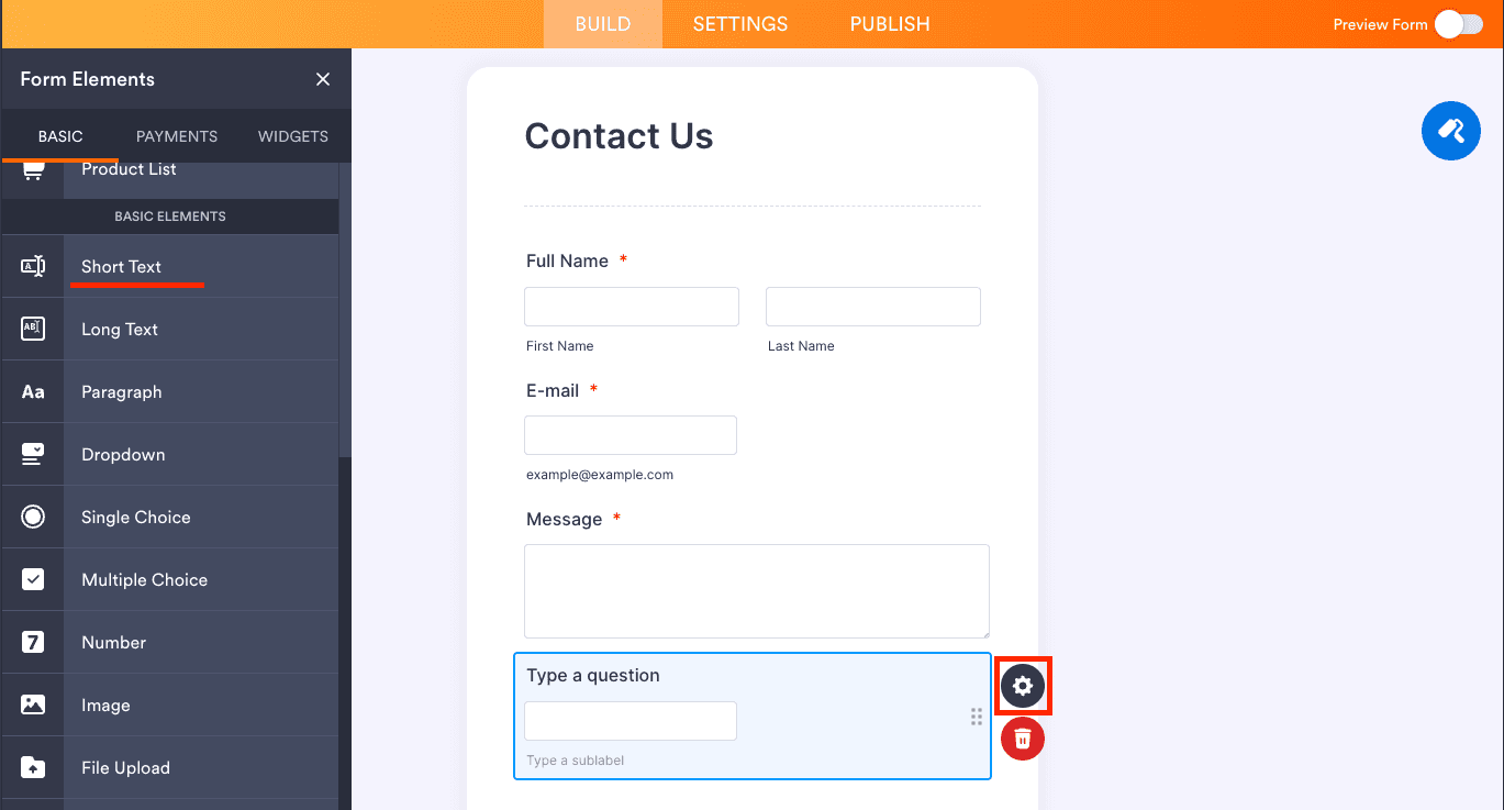 Form Elements panel open with Short Text selected and a new field added to the form, with the gear icon highlighted