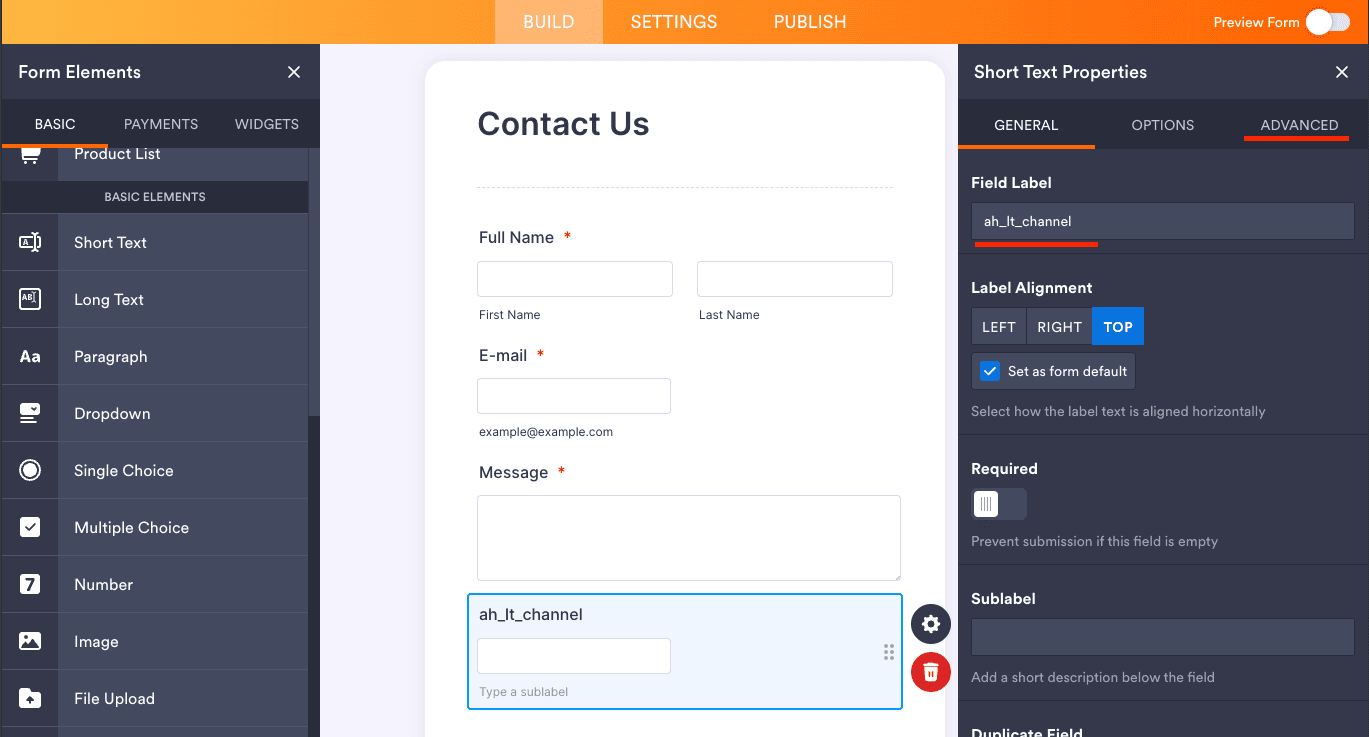 Short Text Properties panel showing the ADVANCED tab with Field Label set to ah_lt_channel
