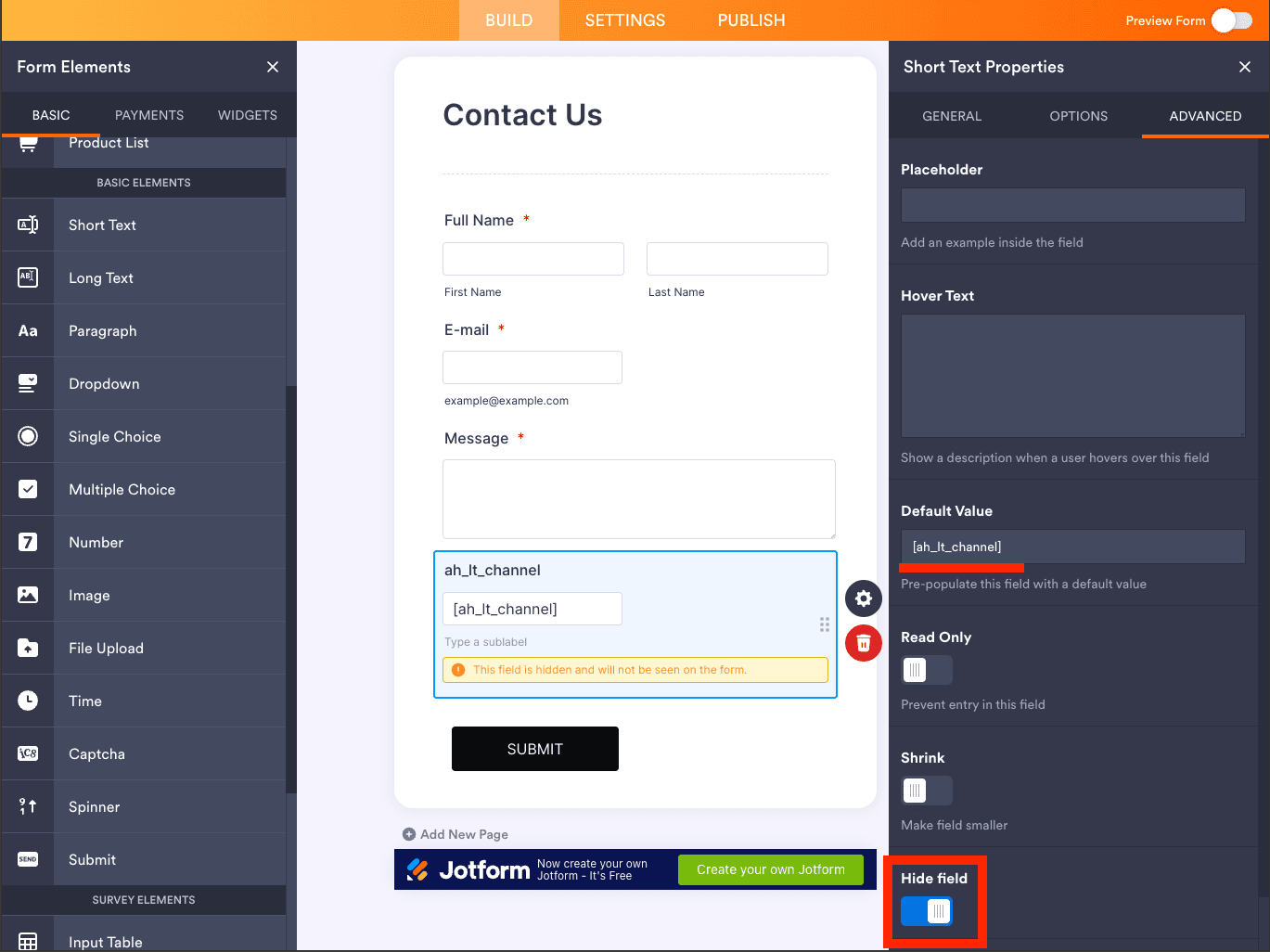 Short Text Properties ADVANCED tab showing Default Value set to bracket ah_lt_channel bracket and the Hide field toggle turned on