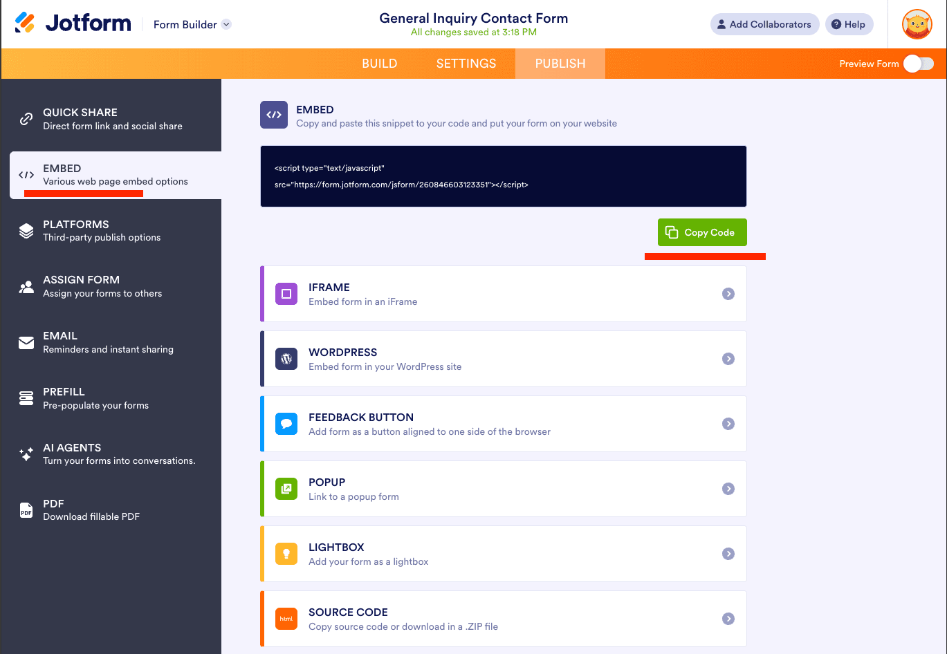 Jotform Publish tab showing the Embed section with various embed options and the Copy Code button