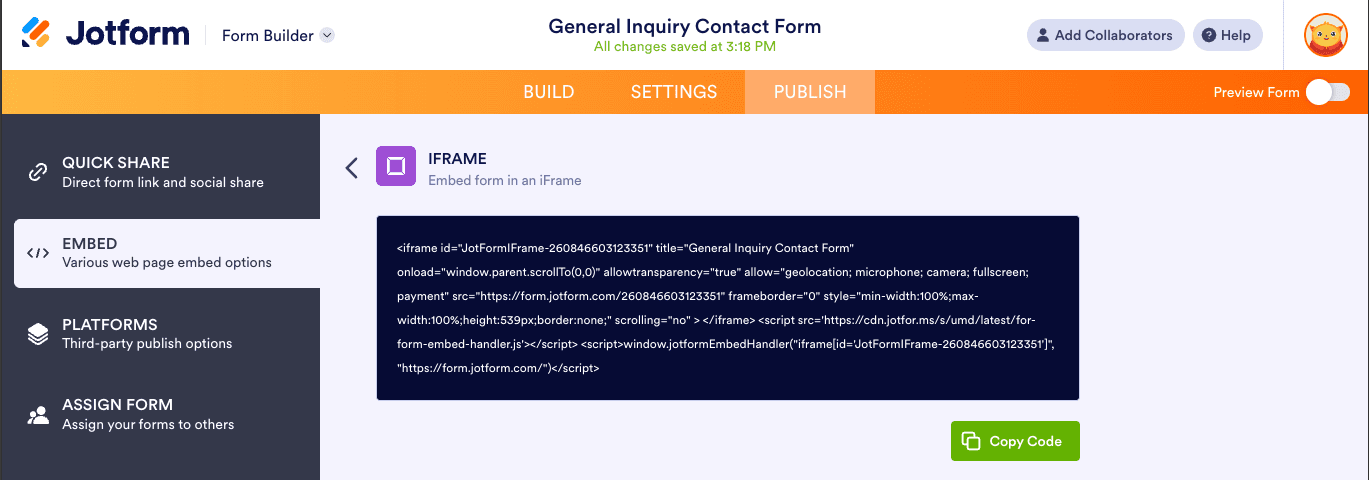 IFRAME embed option showing the full iframe HTML code with the Copy Code button