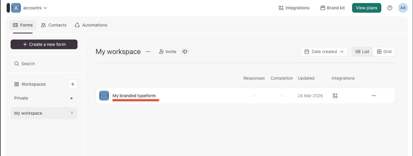 Typeform workspace dashboard showing a form ready to edit