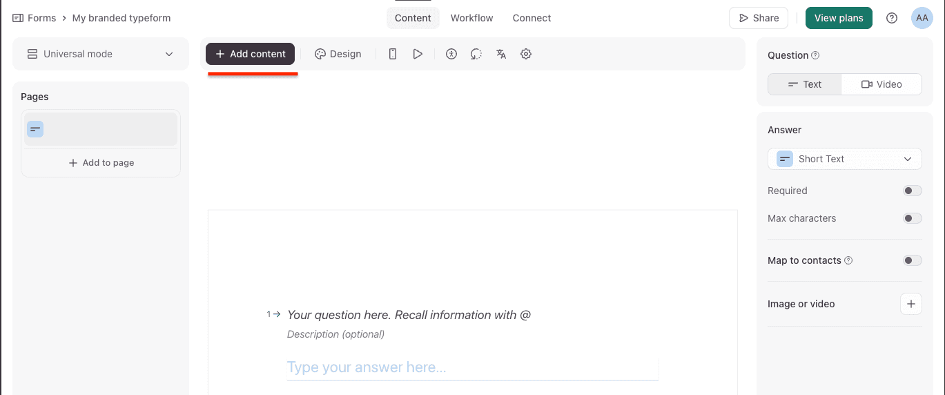 Typeform editor Content tab with a question and the Add content button