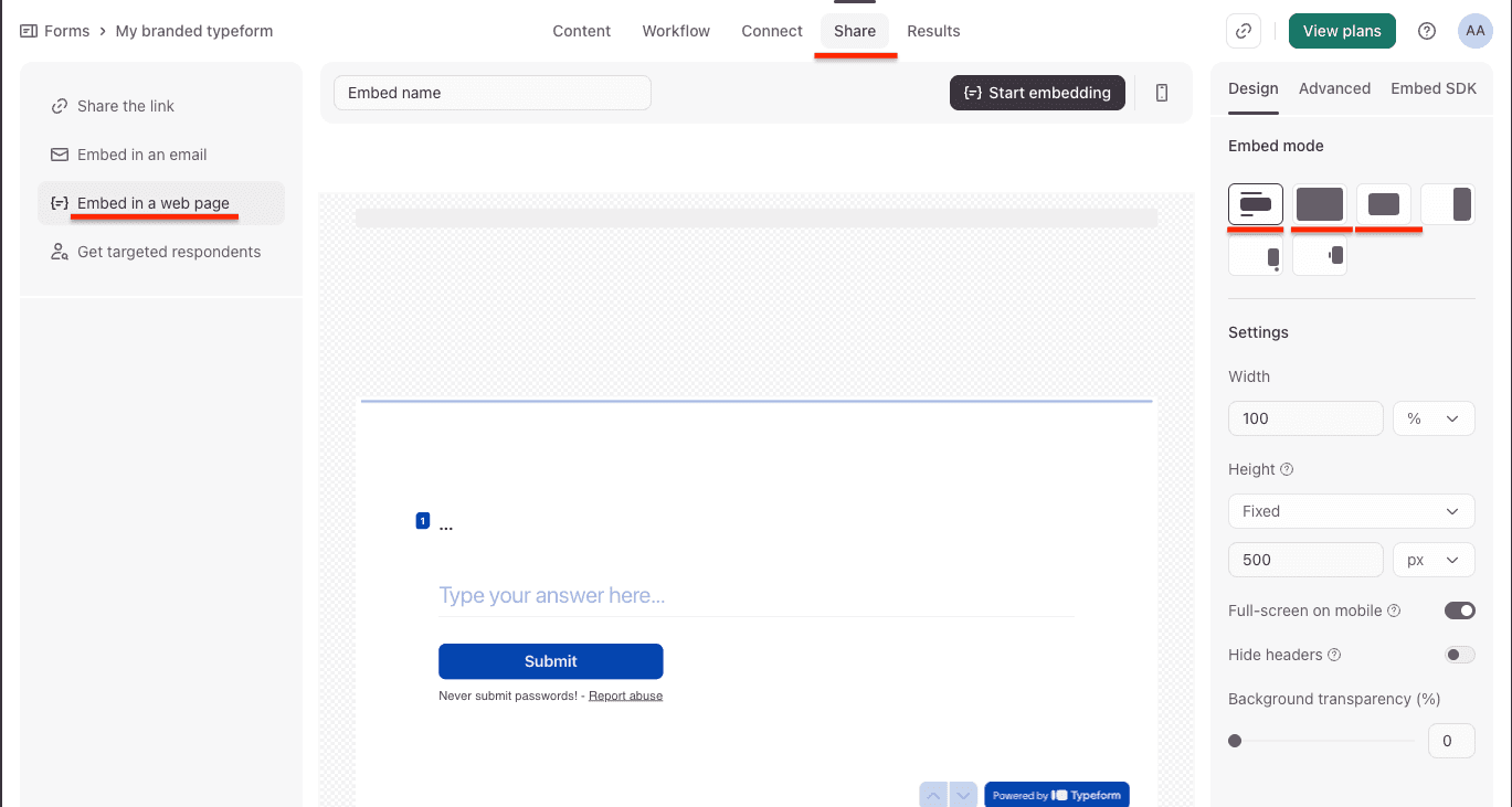 Share panel with Embed in a web page selected, showing Design settings for embed mode and dimensions