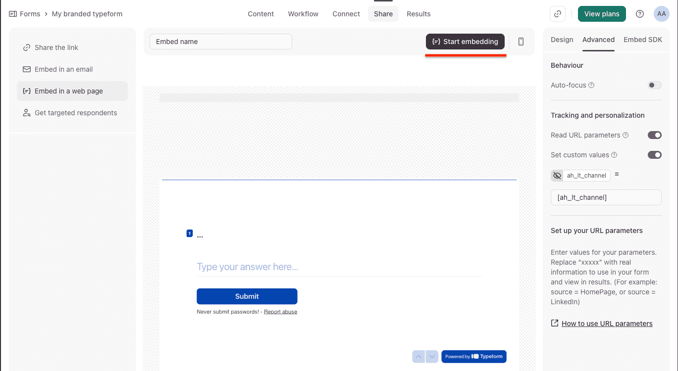 Share panel with the Start embedding button highlighted