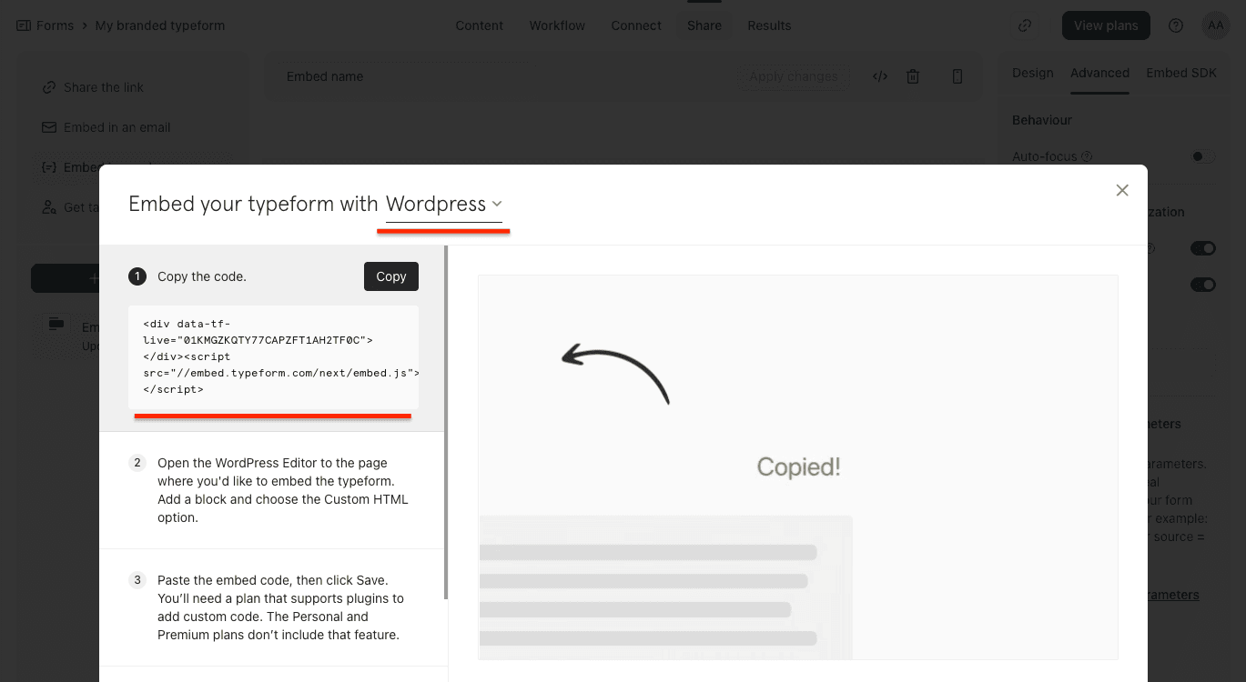 Embed code dialog showing the HTML snippet to copy and paste into your site